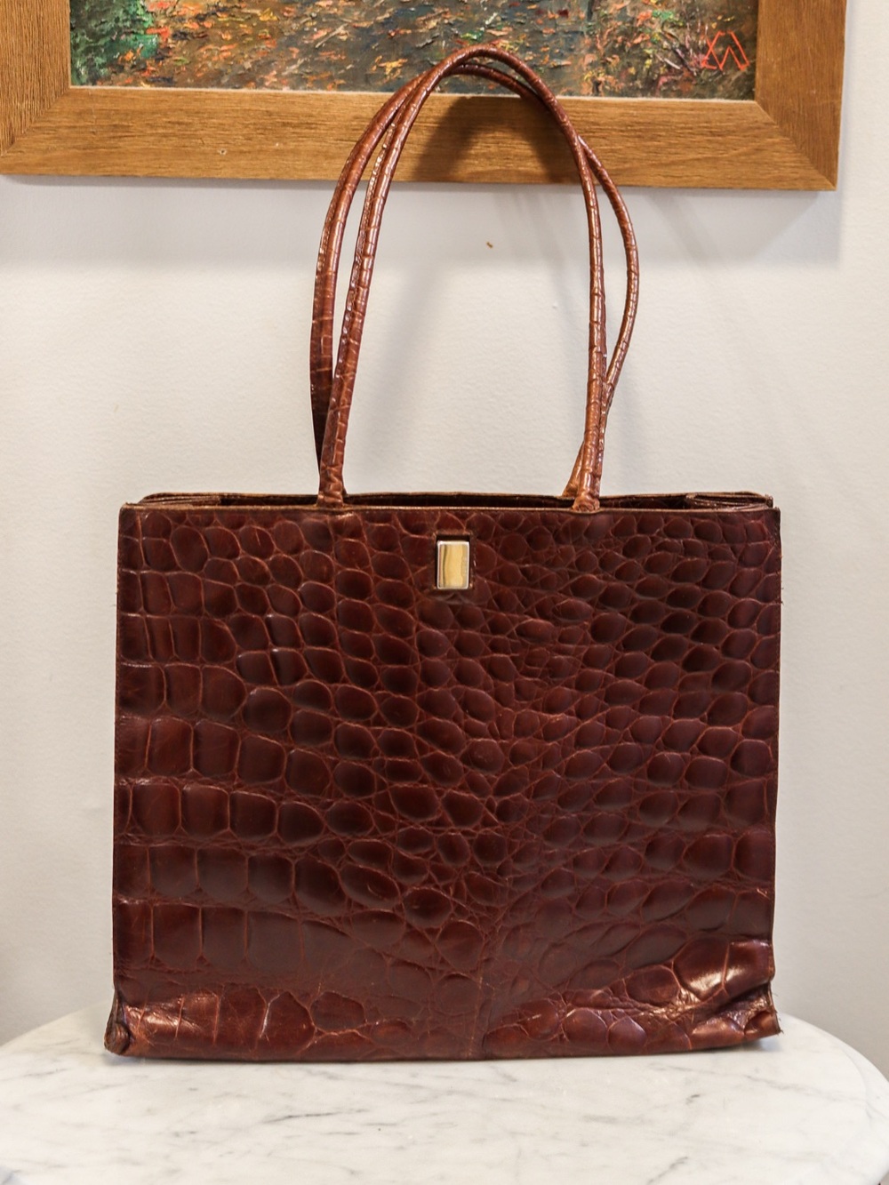 Furla Brown Croc-Embossed Leather Tote with Gold Accent